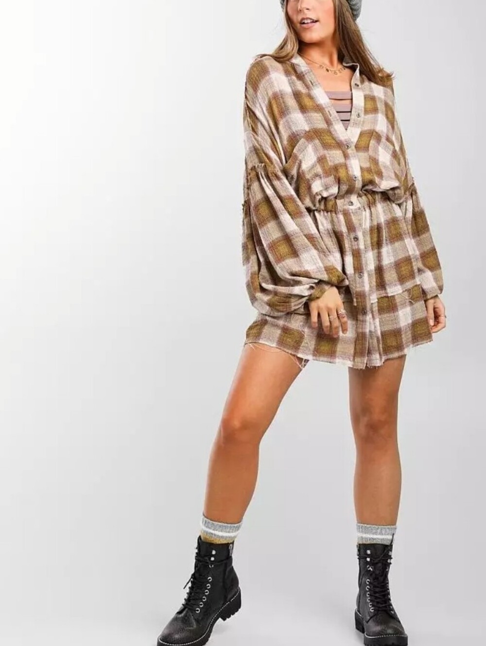 We The Free By The Way Plaid Button-Front Shirt Dress in Brown and Cream Size Md